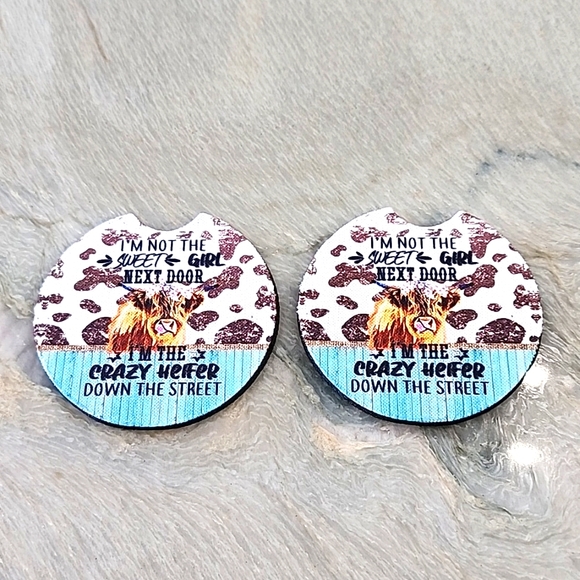 NEW! 2 piece Neoprene Car Coaster (crazy heifer) - Picture 2 of 3